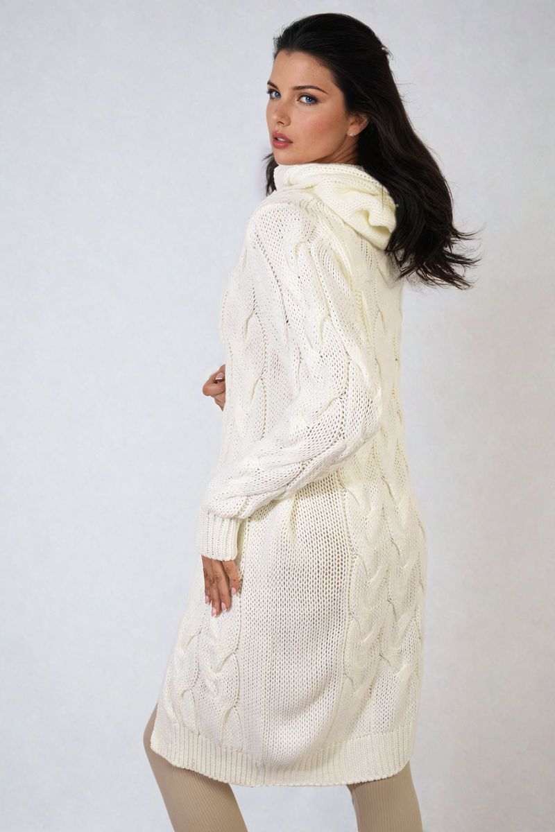 Cream / M/L Chunky Cable Knitted Oversized Longline Hooded Cardigan Jumpers & Cardigans - LittleTay Moda Dropship